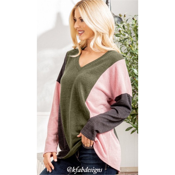 LAST 1! V Neck Soft Vertical Stripe Olive/Pink Color Block Top! - Picture 4 of 11